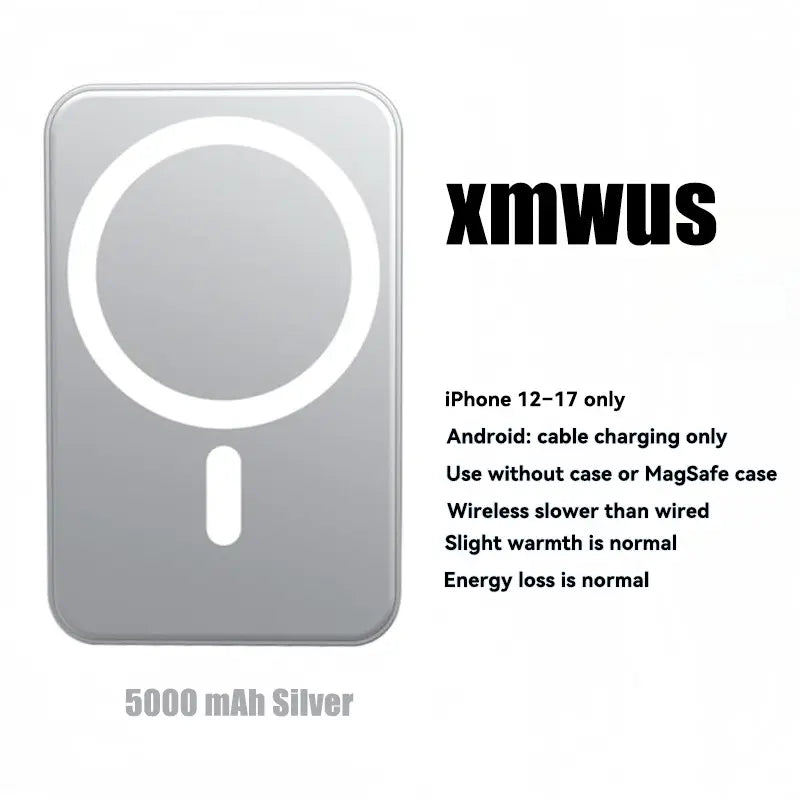 5000mAh Magnetic Wireless Power Bank for iPhone 12-17 Series - Portable Charger Compatible with MagSafe Cases.