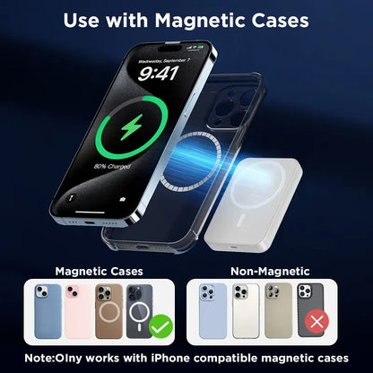 5000mAh Magnetic Wireless Power Bank for iPhone 12-17 Series - Portable Charger Compatible with MagSafe Cases.