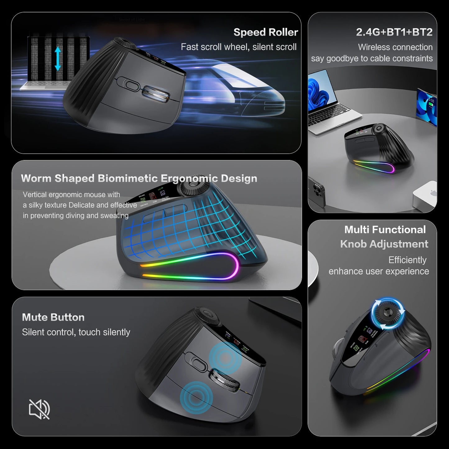 RGB Backlit Speed Roller Wireless Vertical Mouse 