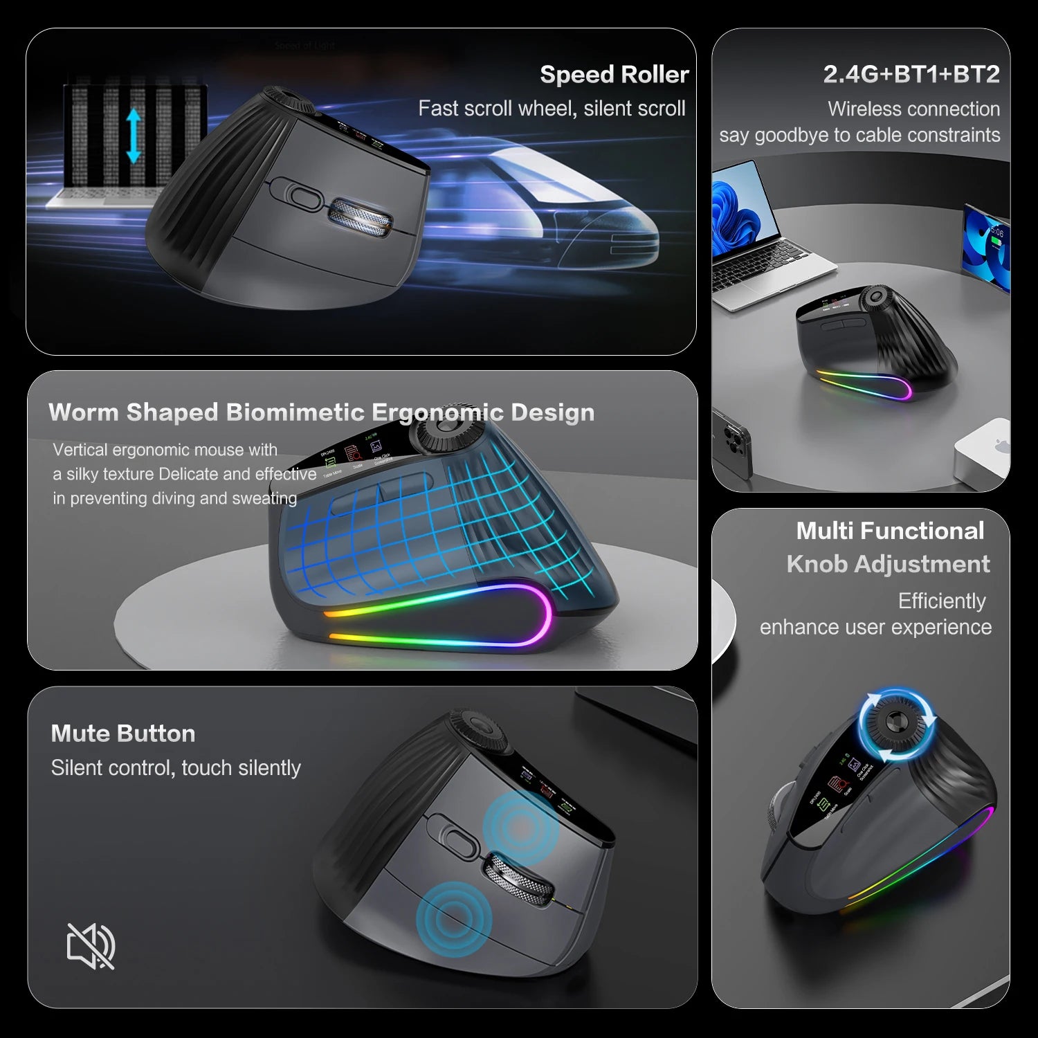 RGB Backlit Speed Roller Wireless Vertical Mouse 
