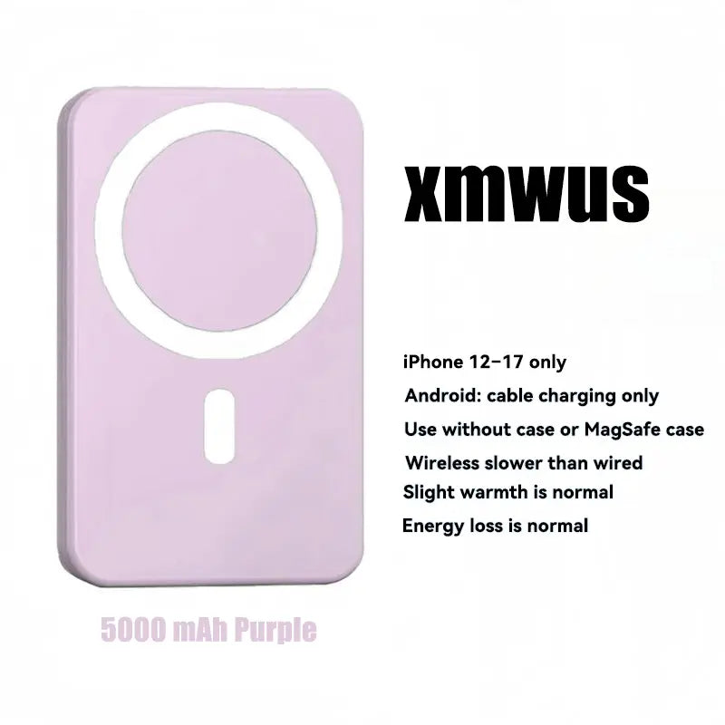 5000mAh Magnetic Wireless Power Bank for iPhone 12-17 Series - Portable Charger Compatible with MagSafe Cases.