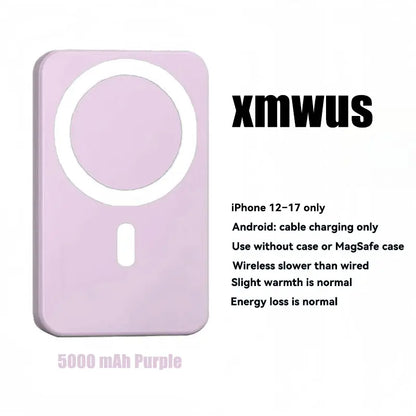 5000mAh Magnetic Wireless Power Bank for iPhone 12-17 Series - Portable Charger Compatible with MagSafe Cases.
